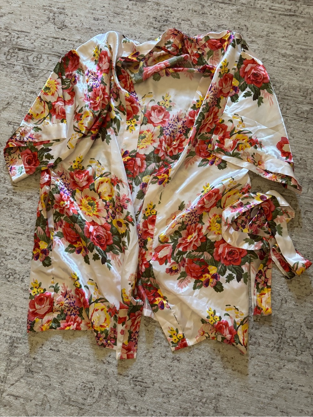 Floral Satin Kimono Robe - White with Red & Yellow Roses